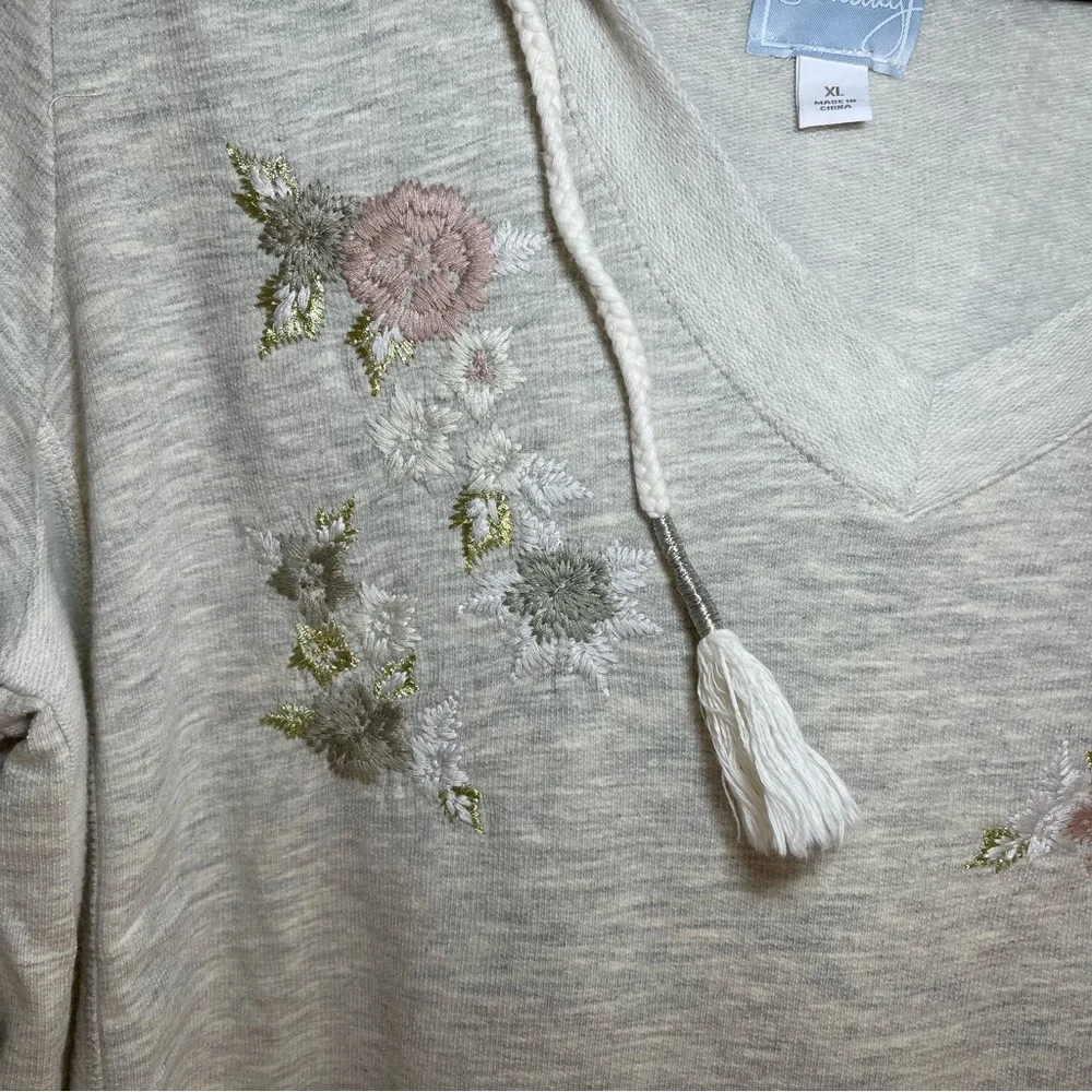 Dressbarn Sunday | Oatmeal V-Neck Hooded Sweatshirt With Floral Embroidery | XL - Picture 4 of 12
